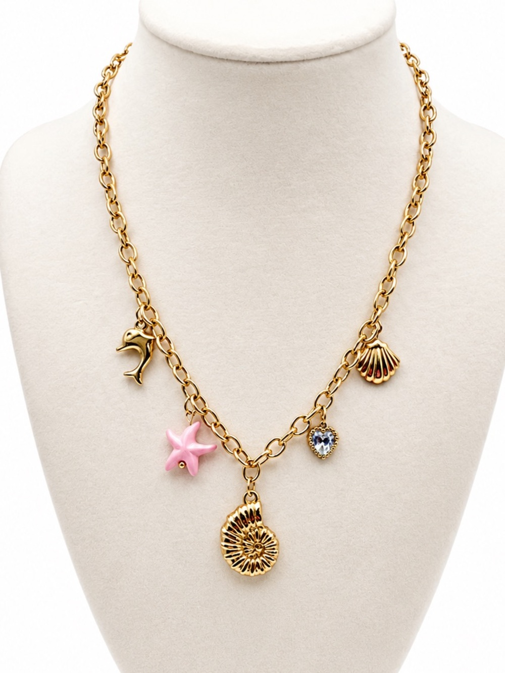 Coastal Charm Necklace Gold Plated Stainless Steel Starfish Shell 16-18in NEW